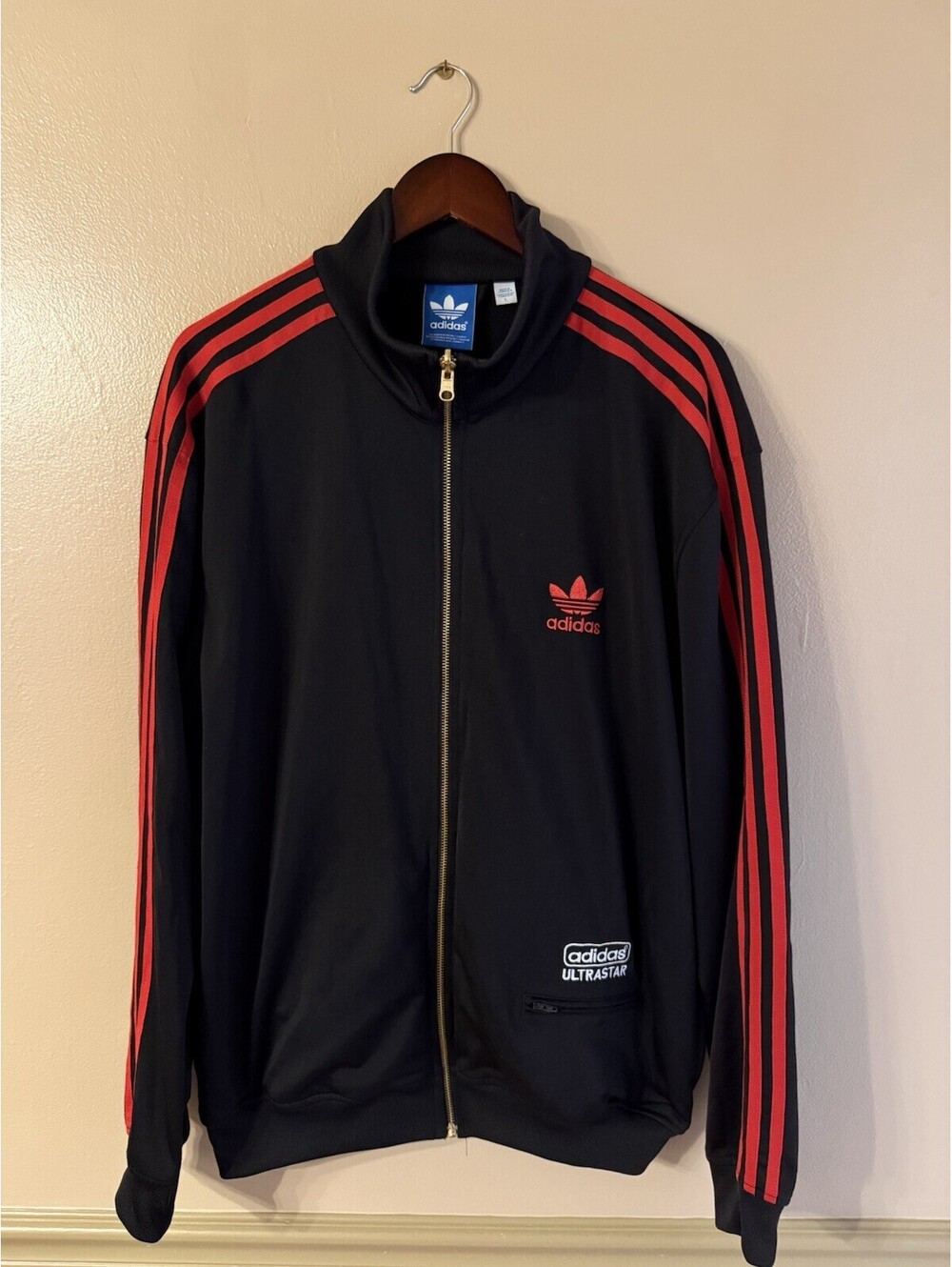 adidas ULTRASTAR Embroidered Trefoil Full Zip Track Jacket Men’s L Black/Red
